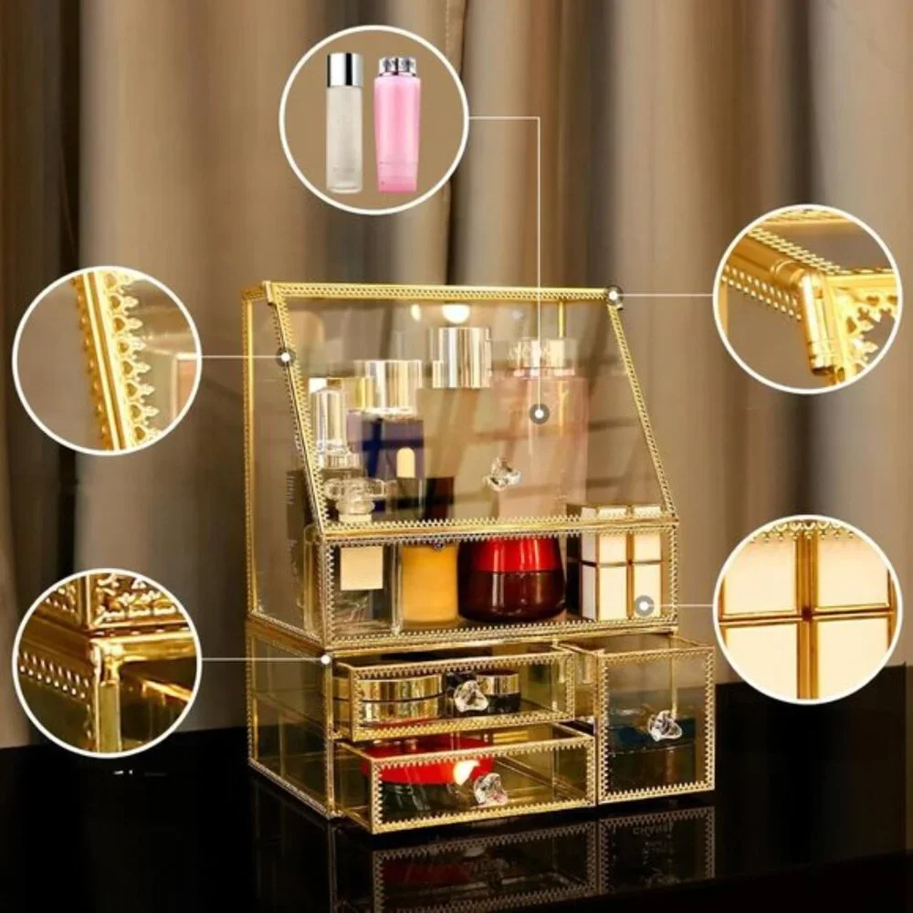 New Large Glass Makeup Organizer Drawer Set, 16In Beauty & Cosmetic Storage Box